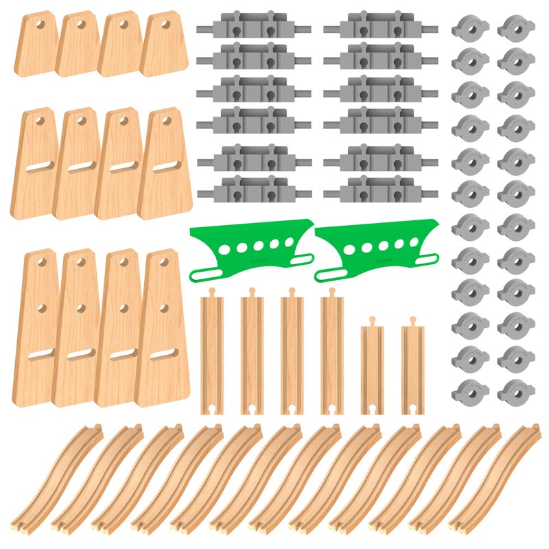 Orbrium Wooden Train Tracks Accessories Build Play Construction Set 68PCS Modular Railway STEM Toys Track Expansion Pack 2 with Parallel Tracks Adjustable Columns Elevated Station Compatible Thomas Brio - Image 3