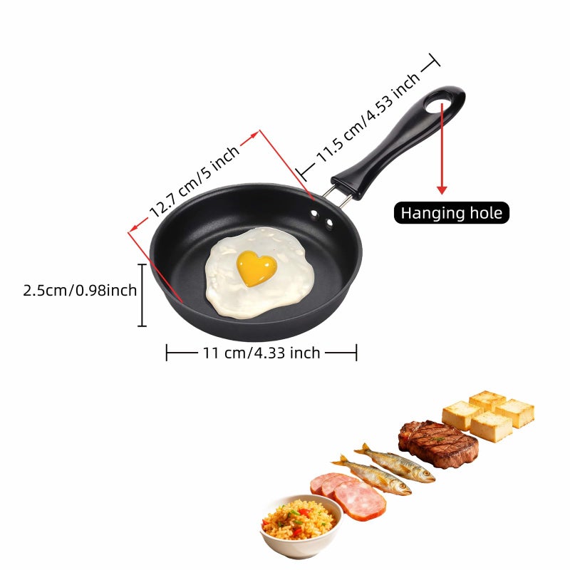 RyanDesign 4.7 Inch Mini Frying Pan, Black Non-Stick Egg Pan with Hanging Hole, Flat Bottom Design for Gas, Induction, Electric Stove, Perfect for Single Serve Breakfast, Omelets & Camping, RV Use (Black) - Image 3