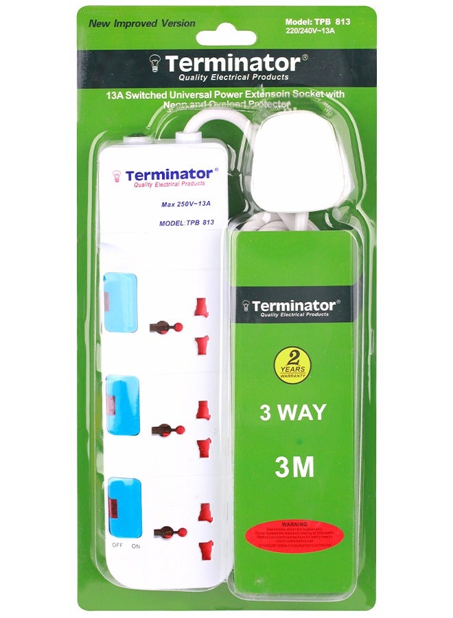 ترمينيتور مقبس تمديد الطاقة العالمي 3 اتجاهات، كابل 3M، 13 أمبير
