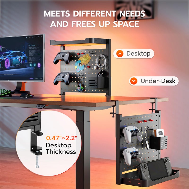 ARES WING Desk Clamp On Pegboard with 16 inches Organizer Shelf, Adjustable Above or Under Desk Storage Shelf Holds 44 lbs, Magnetic Metal Peg Board for Office and Gaming Accessories, Black - Image 4