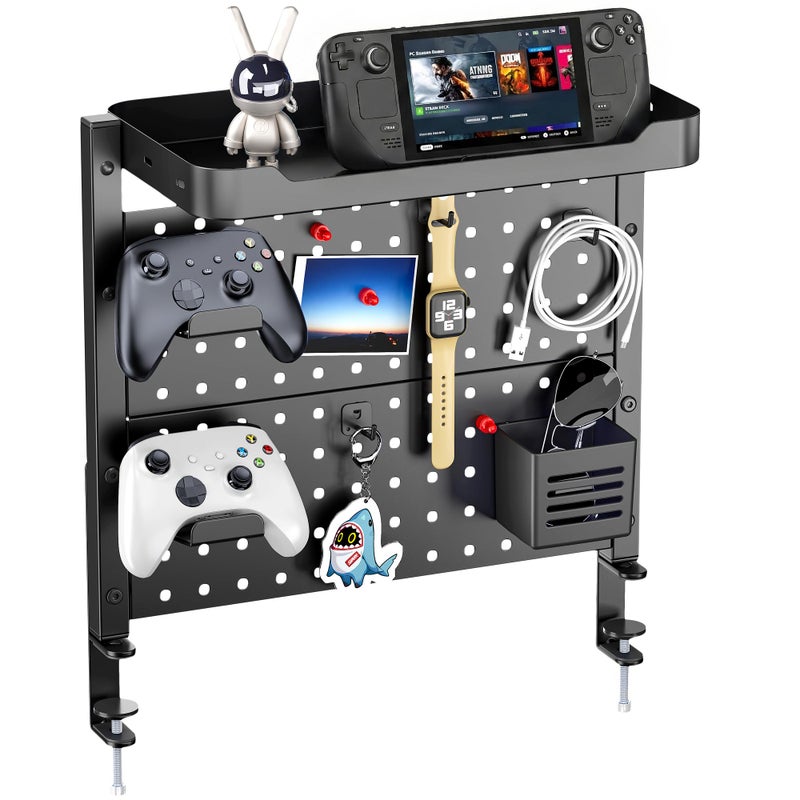 ARES WING Desk Clamp On Pegboard with 16 inches Organizer Shelf, Adjustable Above or Under Desk Storage Shelf Holds 44 lbs, Magnetic Metal Peg Board for Office and Gaming Accessories, Black - Image 1