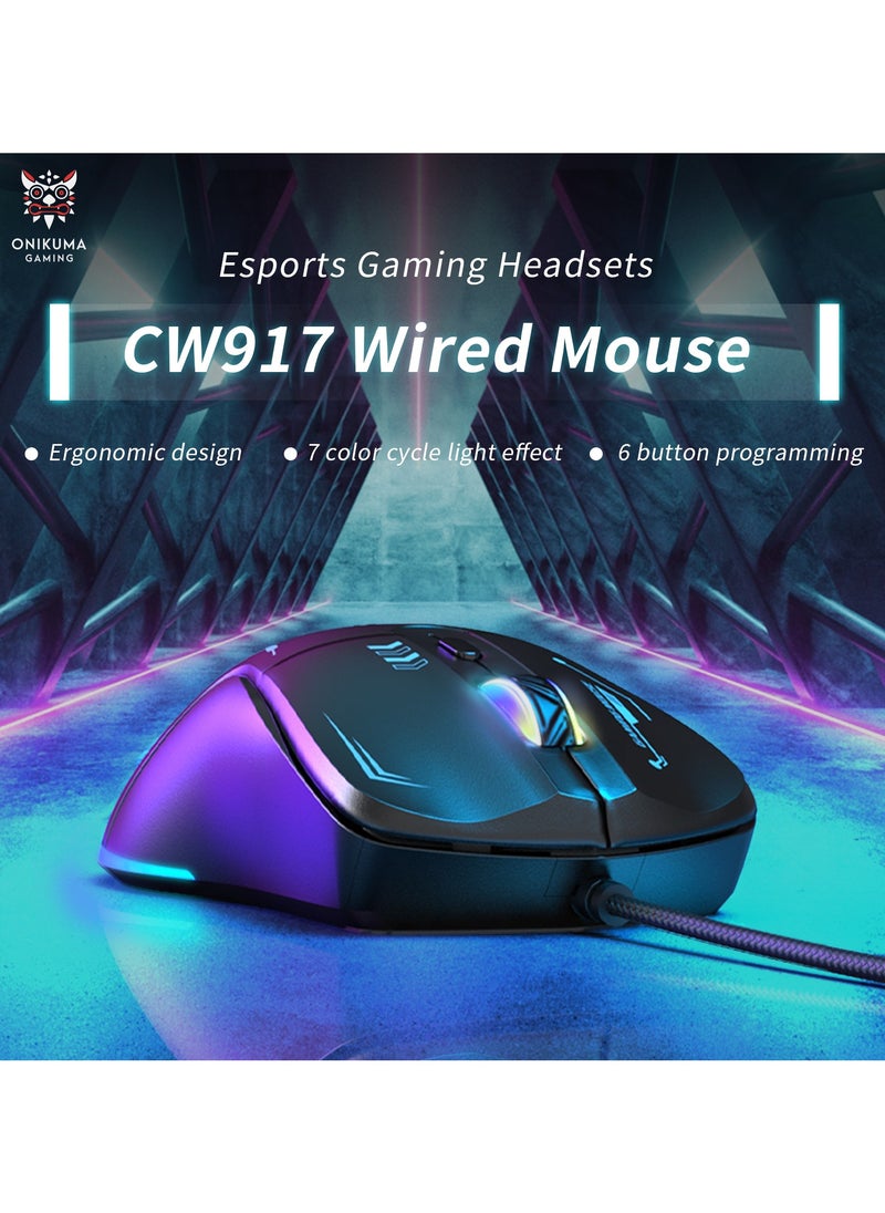 onikuma - CW917 Wired Gaming Mouse, RGB 3600 DPI LED Optical USB 6 Buttons for Laptops and Desktops - Image 1