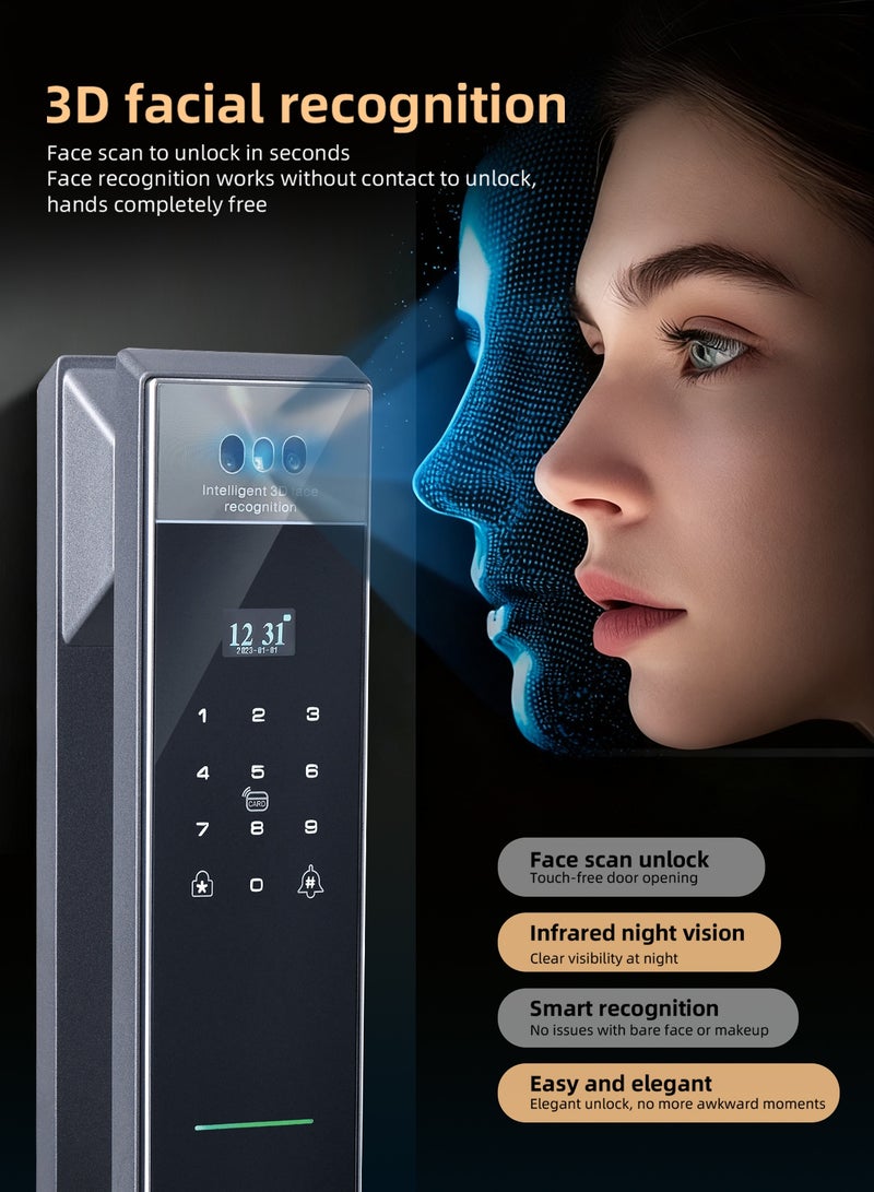 ماكايورون مفتاح الباب الذكي من ميكايورون (Makayuron) بكميرا، التعرف على الوجه والبصمة في اليد، بطارية سعة 5000 ميه، مكالمة صوتية ثنائية الاتجاه، الوصول عبر البصمة الإصبع والكود السري وتطبيق تواي (Tuya) عبر واي فاي ومفتاح ميكانيكي – يلائم أبواب سماكة 40–100 ملم - Image 2