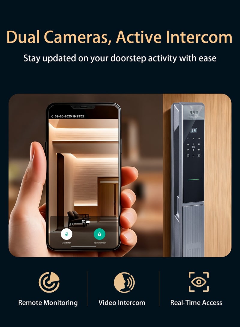 ماكايورون مفتاح الباب الذكي من ميكايورون (Makayuron) بكميرا، التعرف على الوجه والبصمة في اليد، بطارية سعة 5000 ميه، مكالمة صوتية ثنائية الاتجاه، الوصول عبر البصمة الإصبع والكود السري وتطبيق تواي (Tuya) عبر واي فاي ومفتاح ميكانيكي – يلائم أبواب سماكة 40–100 ملم - Image 5
