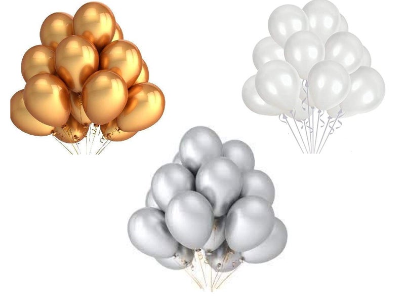 Vail Creations Made in India 12 inch HD Metallic Finish Balloons for Birthday/Anniversary Party Decoration (Gold + Silver + White, Pack of 100) - Image 1