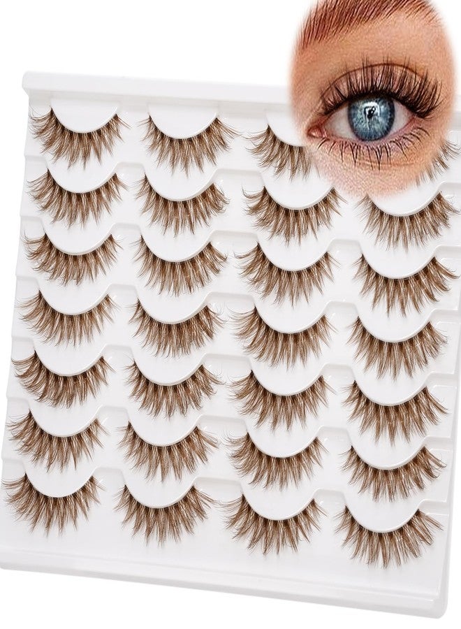 EMEDA Brown Lashes 14mm Natural Light Brown False Eyelashes Clear Band 14 Pairs Faux 3D Mink False Eyelashes Natural Looking Fluffy Cat Eye Wispy Strip Lashes Pack by EMEDA (ZH01-BROWN） - Image 1