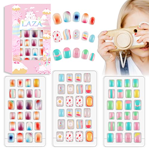 Laza 72pcs Children Nails Press On Preglue Full Cover Gradient Blooming Color Mixing Rainbow Short False Nail Kits for Kids Teenager Girls Blooming Rainbow - Image 2