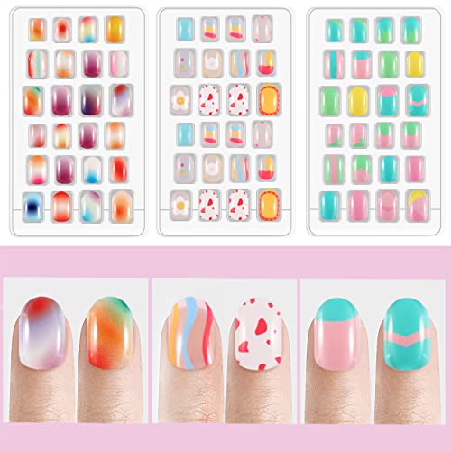 Laza 72pcs Children Nails Press On Preglue Full Cover Gradient Blooming Color Mixing Rainbow Short False Nail Kits for Kids Teenager Girls Blooming Rainbow - Image 5