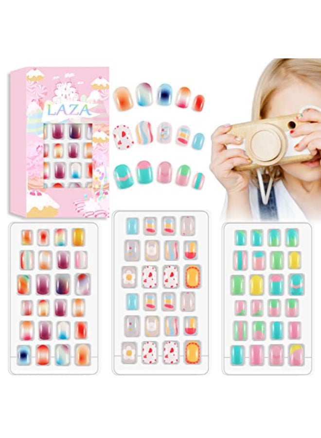 Laza 72pcs Children Nails Press On Preglue Full Cover Gradient Blooming Color Mixing Rainbow Short False Nail Kits for Kids Teenager Girls Blooming Rainbow - Image 1