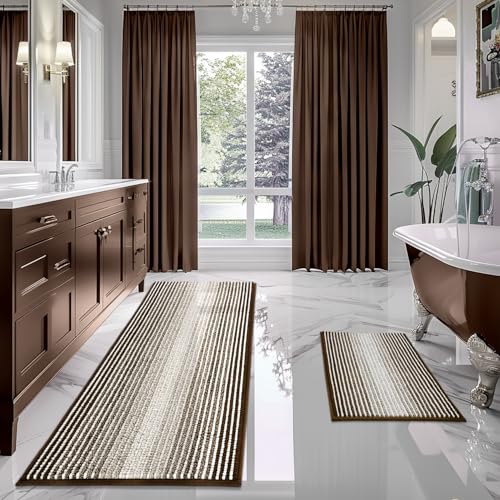 BSICPRO Bathroom Rugs and Mats Sets 2 Piece Thick Absorbent Chenille Bath Mat Rug Set Non Slip Soft Shaggy Bath Room Floor Mats for Bathroom Machine Washable Brown 20 x 60 Plus 20 x 32