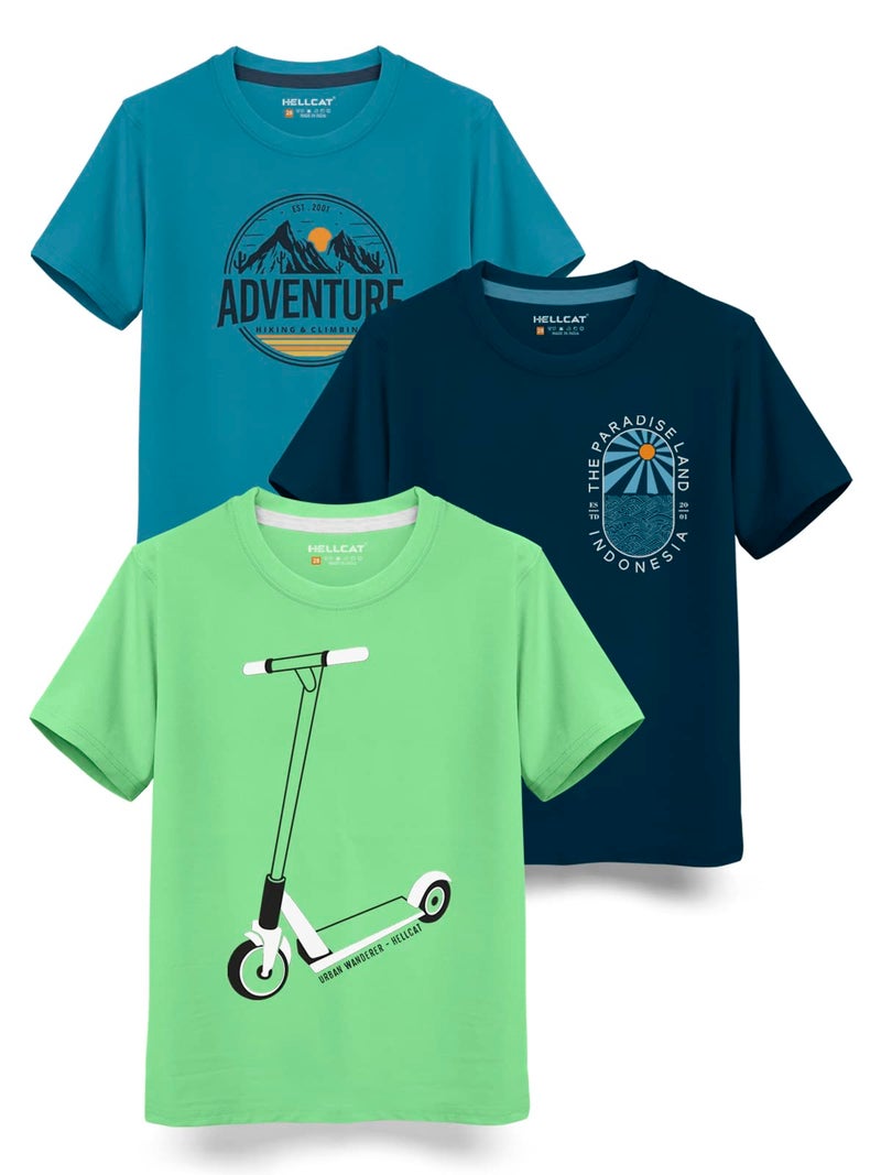HELLCAT Trendy Typographic Printed Cotton Blend Half Sleeve Regular Fit T-Shirt For Boys - Pack Of 3 / Pista Green & Petrol Blue & Turquoise Blue / 13-14 Years - Image 1