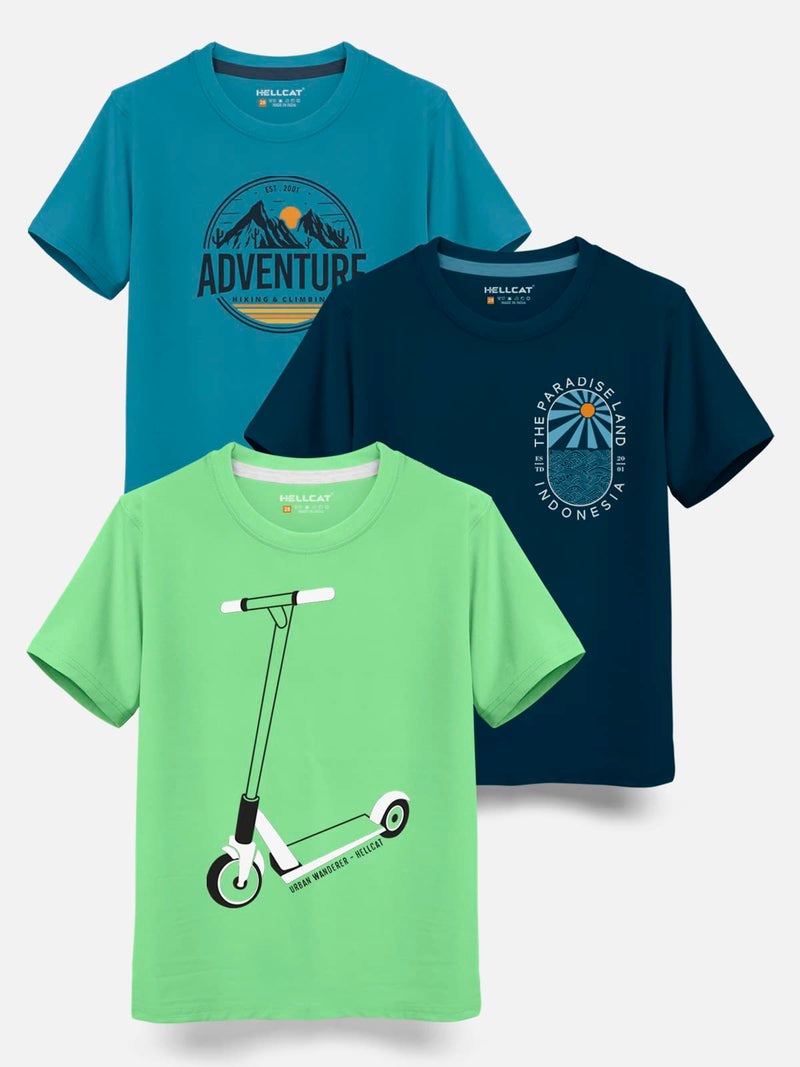 HELLCAT Trendy Typographic Printed Cotton Blend Half Sleeve Regular Fit T-Shirt For Boys - Pack Of 3 / Pista Green & Petrol Blue & Turquoise Blue / 13-14 Years - Image 2