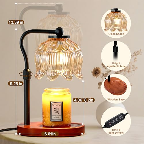 CASTLELIFE Candle Warmer Lamp with Timer & Stepless Dimming, Height Adjustable Electric Wax Warmer for Jar Candles, Flower Wax Melter with Wood Base, Gifts for Women Home Decor, Walnut Wood - Image 2