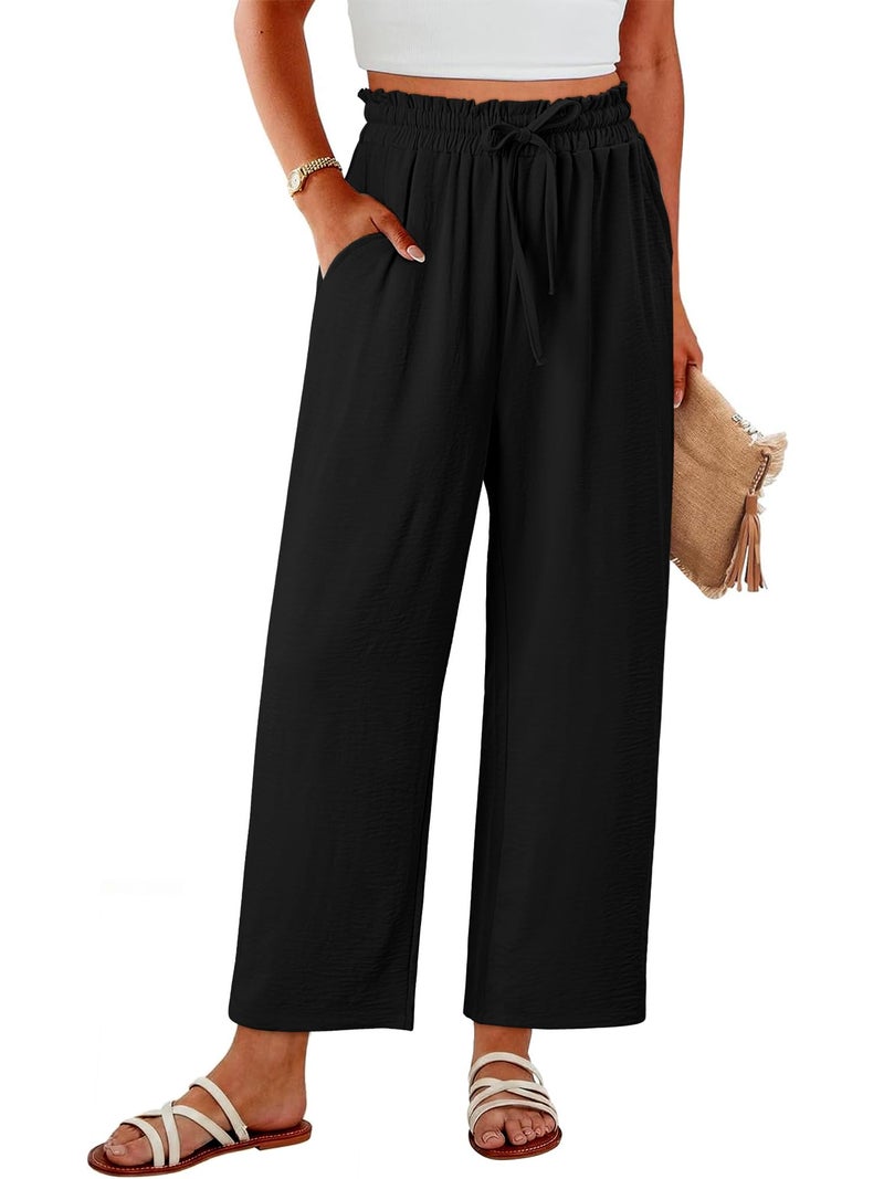CRAZY GRID Womens High Waisted Palazzo Pants Summer Flowy Beach Wide Leg Trousers Loose Casual Petite Vacation Pants with Pockets Small Black - Image 1