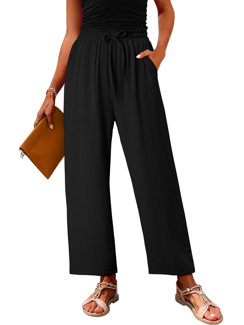 CRAZY GRID Womens High Waisted Palazzo Pants Summer Flowy Beach Wide Leg Trousers Loose Casual Petite Vacation Pants with Pockets Small Black - Image 4