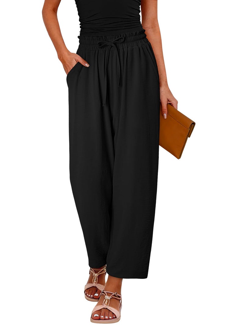 CRAZY GRID Womens High Waisted Palazzo Pants Summer Flowy Beach Wide Leg Trousers Loose Casual Petite Vacation Pants with Pockets Small Black - Image 3