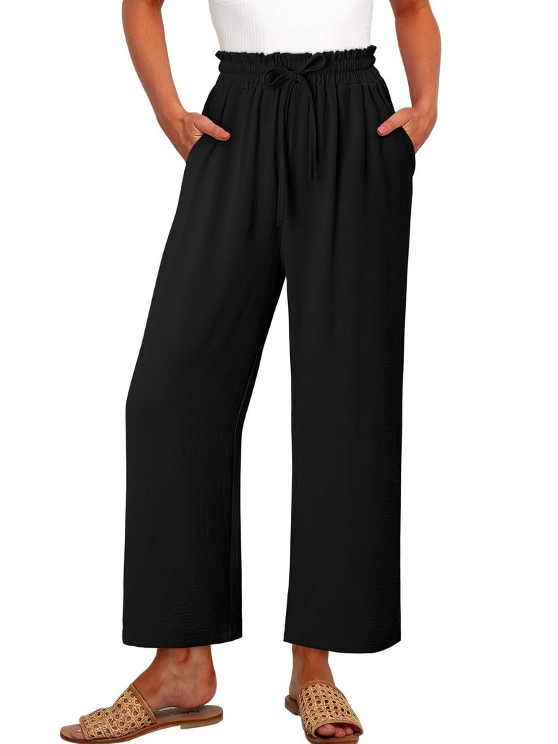 CRAZY GRID Womens High Waisted Palazzo Pants Summer Flowy Beach Wide Leg Trousers Loose Casual Petite Vacation Pants with Pockets Small Black - Image 2