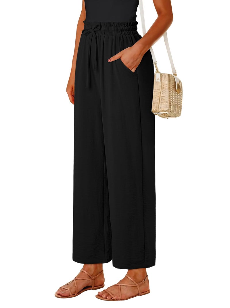 CRAZY GRID Womens High Waisted Palazzo Pants Summer Flowy Beach Wide Leg Trousers Loose Casual Petite Vacation Pants with Pockets Small Black - Image 5