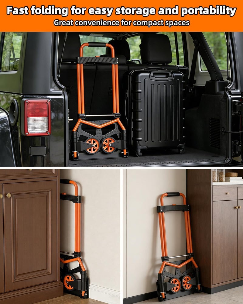 Tolpassa Folding Hand Truck, 220Lbs Capacity, Portable Dolly Cart with 5.9" Wheels and Telescoping Handle, Lightweight Hand Truck Dolly for Dormitory, Home, Office, Food, Shopping, logistics, Warehouse, Orange - Image 4