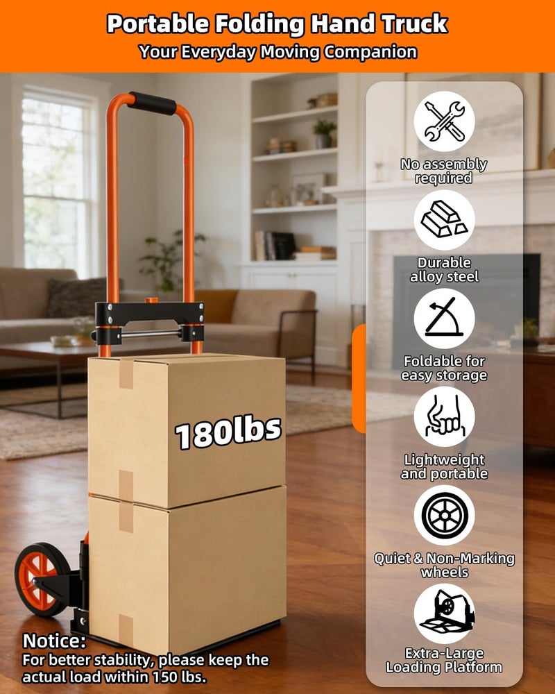 Tolpassa Folding Hand Truck, 220Lbs Capacity, Portable Dolly Cart with 5.9" Wheels and Telescoping Handle, Lightweight Hand Truck Dolly for Dormitory, Home, Office, Food, Shopping, logistics, Warehouse, Orange - Image 2