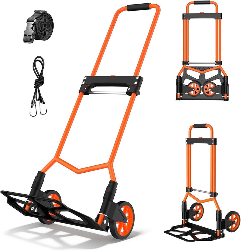 Tolpassa Folding Hand Truck, 220Lbs Capacity, Portable Dolly Cart with 5.9" Wheels and Telescoping Handle, Lightweight Hand Truck Dolly for Dormitory, Home, Office, Food, Shopping, logistics, Warehouse, Orange - Image 1