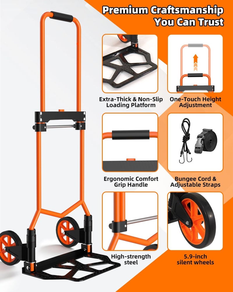 Tolpassa Folding Hand Truck, 220Lbs Capacity, Portable Dolly Cart with 5.9" Wheels and Telescoping Handle, Lightweight Hand Truck Dolly for Dormitory, Home, Office, Food, Shopping, logistics, Warehouse, Orange - Image 3