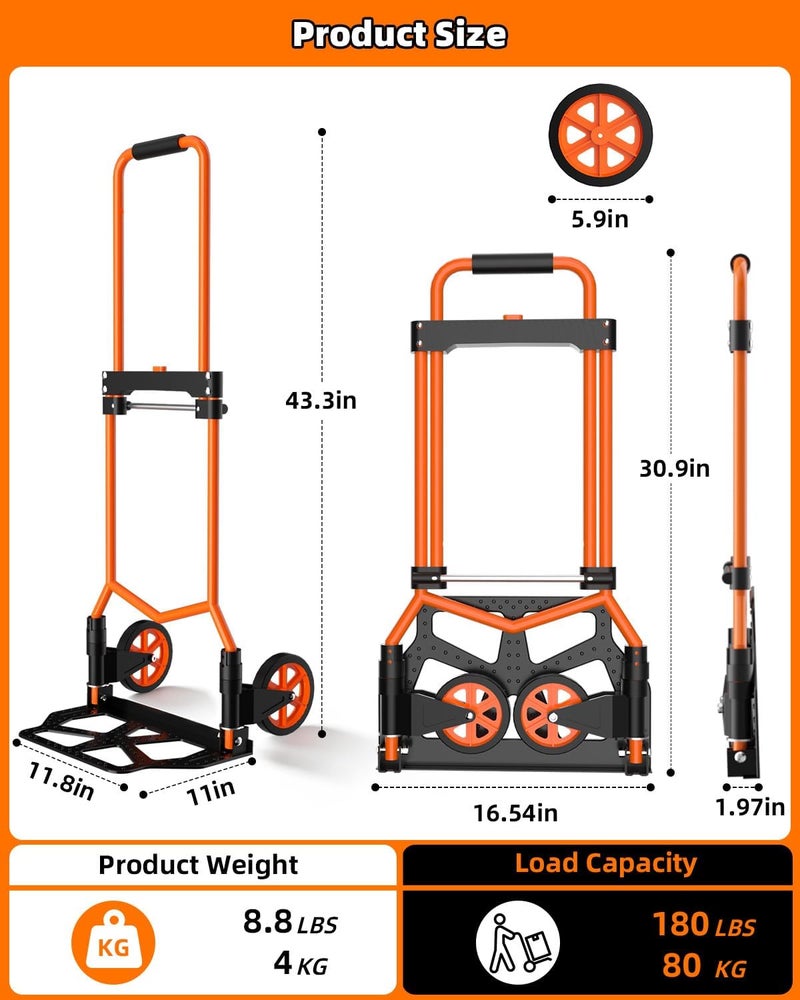 Tolpassa Folding Hand Truck, 220Lbs Capacity, Portable Dolly Cart with 5.9" Wheels and Telescoping Handle, Lightweight Hand Truck Dolly for Dormitory, Home, Office, Food, Shopping, logistics, Warehouse, Orange - Image 5