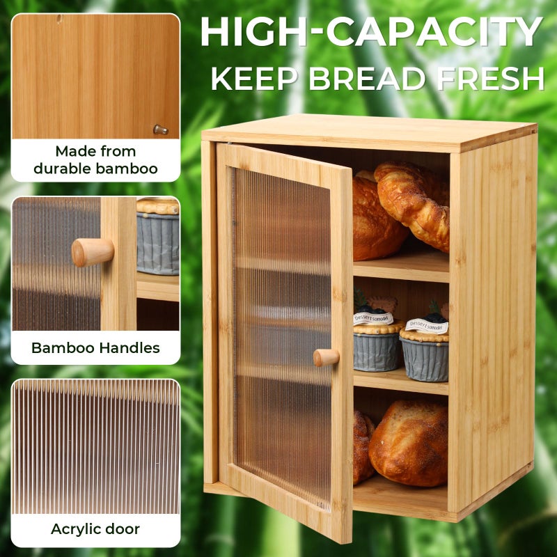 LemonRoad Bamboo Bread Box Large Capacity 3-layer Bread Box Kitchen Countertop Pastries Container with Corrugated Acrylic Door Wooden Housewarming Pantry Storage for Farmhouse Fruits Tea Spices Coffee - Image 4