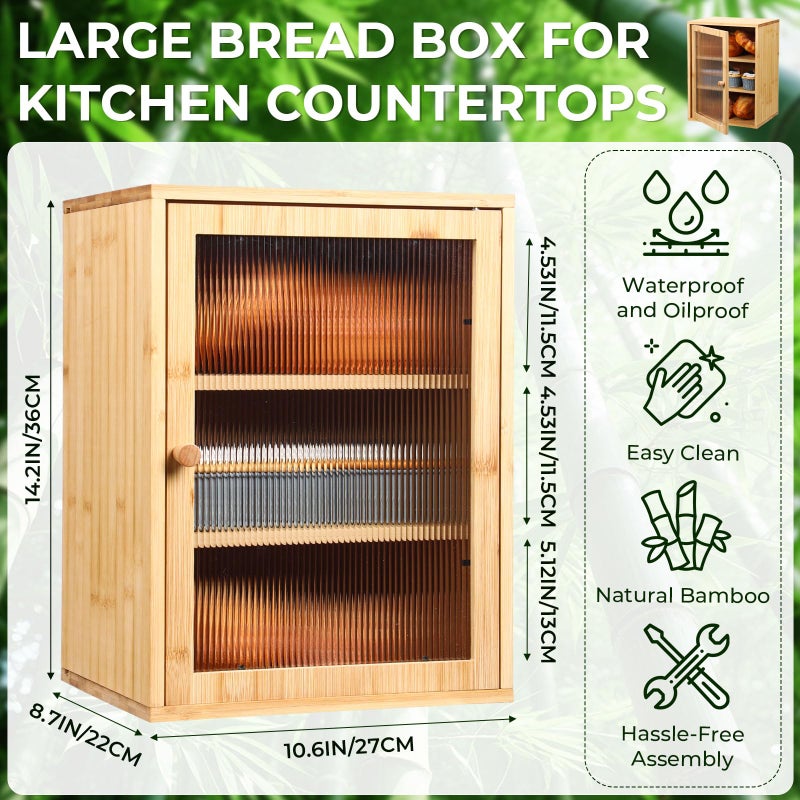 LemonRoad Bamboo Bread Box Large Capacity 3-layer Bread Box Kitchen Countertop Pastries Container with Corrugated Acrylic Door Wooden Housewarming Pantry Storage for Farmhouse Fruits Tea Spices Coffee - Image 3
