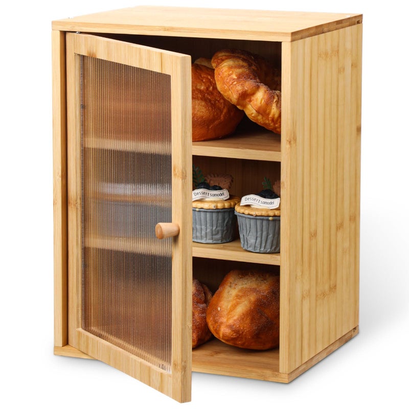 LemonRoad Bamboo Bread Box Large Capacity 3-layer Bread Box Kitchen Countertop Pastries Container with Corrugated Acrylic Door Wooden Housewarming Pantry Storage for Farmhouse Fruits Tea Spices Coffee - Image 1