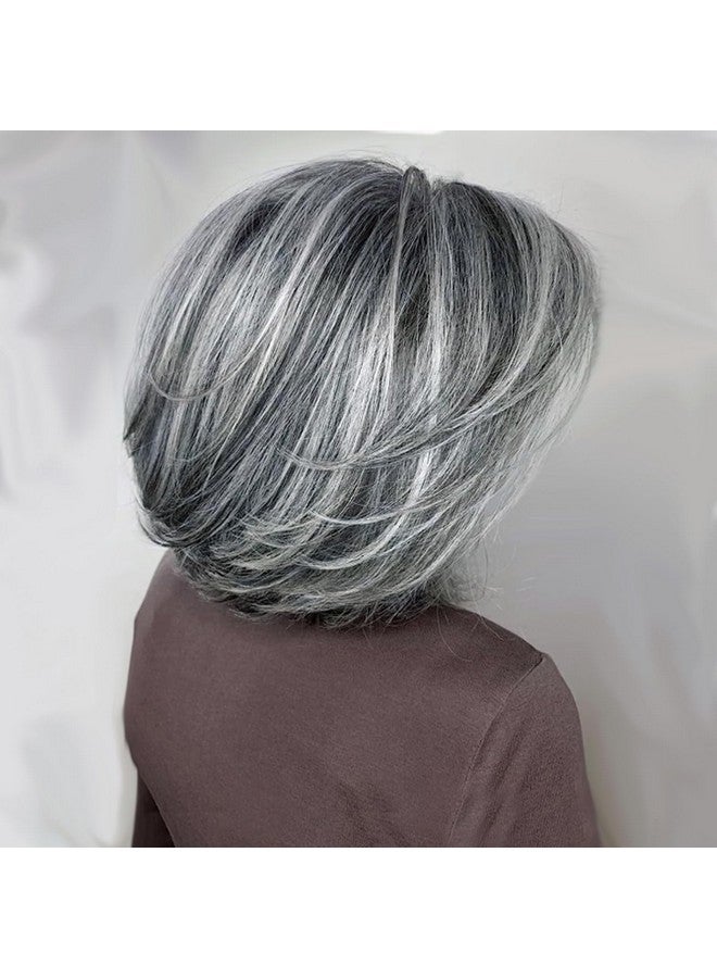 Aisaide Isaide Silver Gray Layered Bob Wig With Curtain Bangs For Women Synthetic Light Grey Ombre Highlight Bob Wig Short Pixie Cut Layered Wavy Wig For Black Women(Light Grey) - Image 2