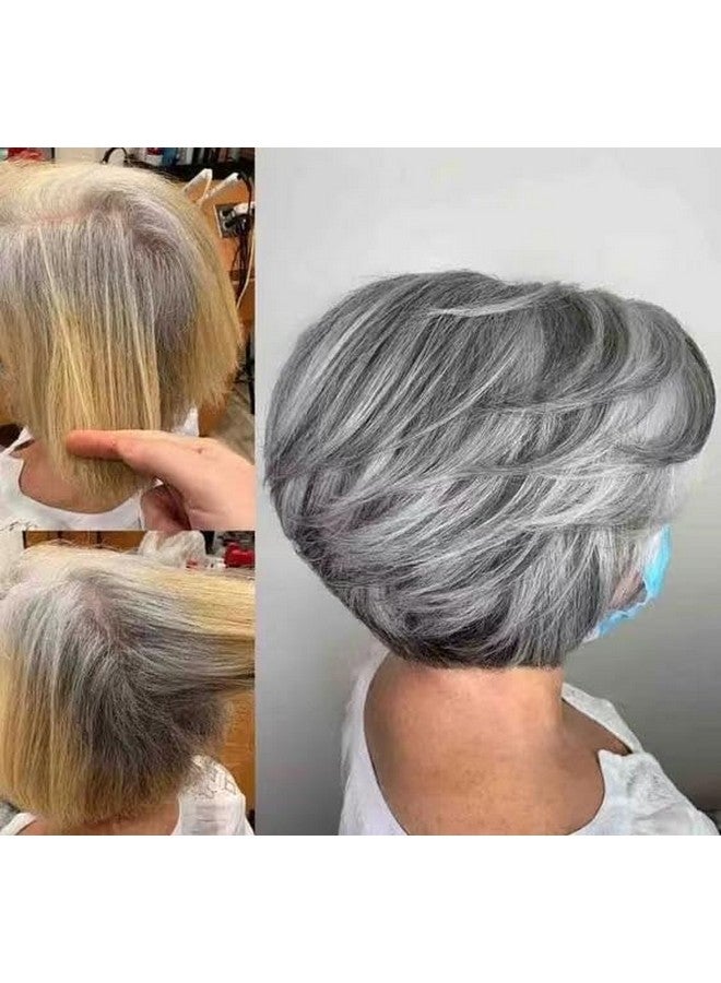 Aisaide Isaide Silver Gray Layered Bob Wig With Curtain Bangs For Women Synthetic Light Grey Ombre Highlight Bob Wig Short Pixie Cut Layered Wavy Wig For Black Women(Light Grey) - Image 4