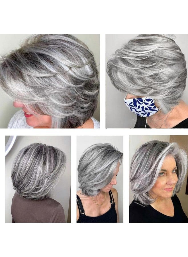 Aisaide Isaide Silver Gray Layered Bob Wig With Curtain Bangs For Women Synthetic Light Grey Ombre Highlight Bob Wig Short Pixie Cut Layered Wavy Wig For Black Women(Light Grey) - Image 5