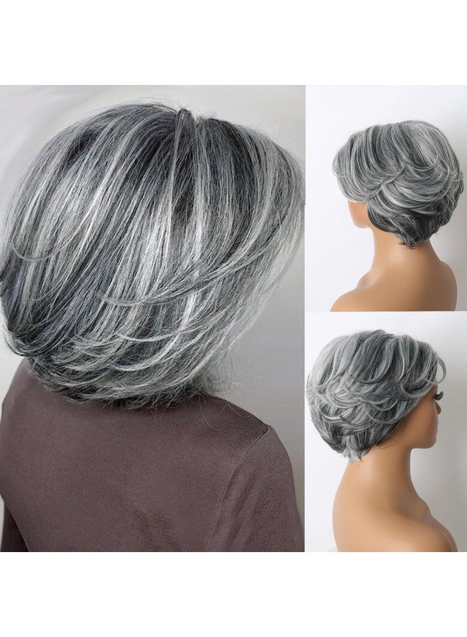 Aisaide Isaide Silver Gray Layered Bob Wig With Curtain Bangs For Women Synthetic Light Grey Ombre Highlight Bob Wig Short Pixie Cut Layered Wavy Wig For Black Women(Light Grey) - Image 3