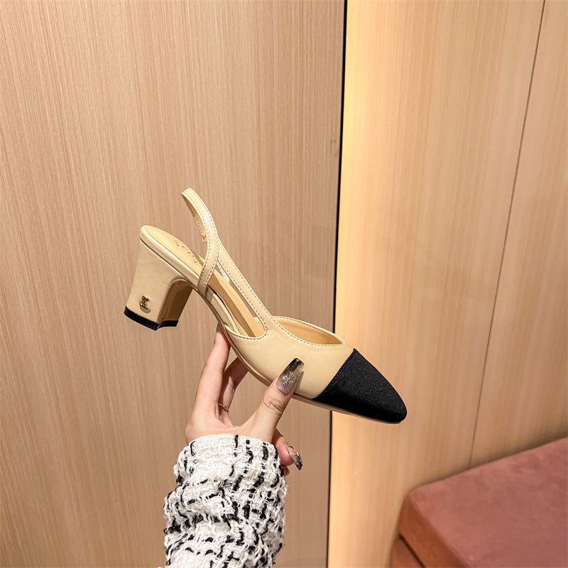 High Version Of Summer Small Fragrant Style Thick Heel Flats For Women With Back Straps Square Toe Color Matching Medium Heel Back Empty Toe Sandals French Style - Image 2