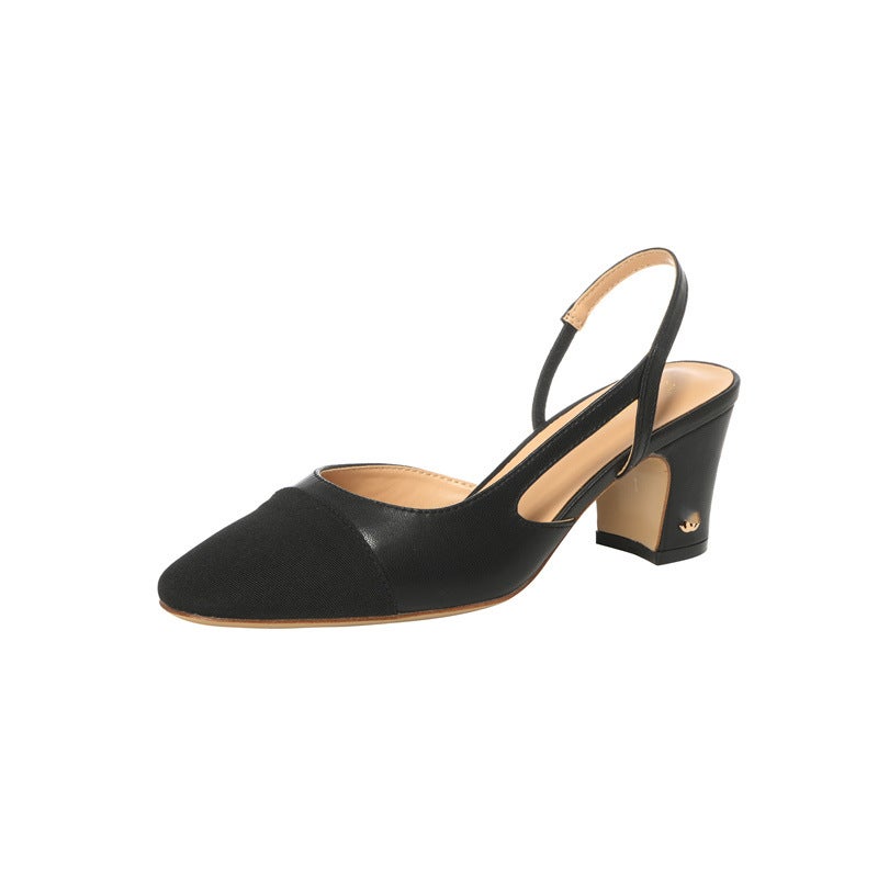 High Version Of Summer Small Fragrant Style Thick Heel Flats For Women With Back Straps Square Toe Color Matching Medium Heel Back Empty Toe Sandals French Style - Image 1