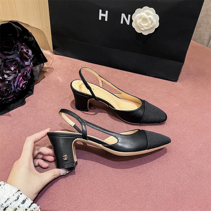 High Version Of Summer Small Fragrant Style Thick Heel Flats For Women With Back Straps Square Toe Color Matching Medium Heel Back Empty Toe Sandals French Style - Image 5