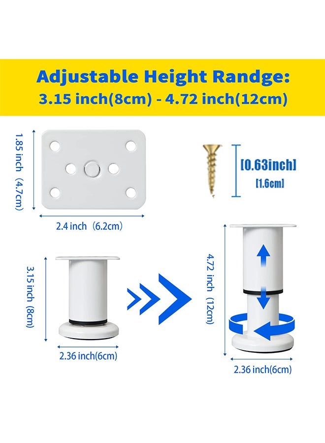 بوفان 4 قطع من أرجل دعم السرير القابلة للتعديل الارتفاع [مع 18 قطعة من البراغي] لإطار السرير/شريحة السرير المركزية، أرجل بديلة للأثاث شديدة التحمل 3.15-4.72 بوصة للأريكة/الخزانة/الأريكة/الخزانة/الطاولة (أبيض) - Image 2