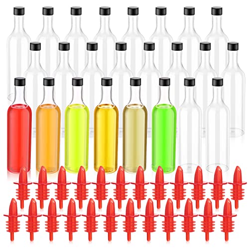 Yinder 24 Pcs Long Neck Plastic Bottles with Pourer 25 oz Empty Clear Wine Liquor Bottles Pour with 24 Pourers for Home Party Bar Kitchen