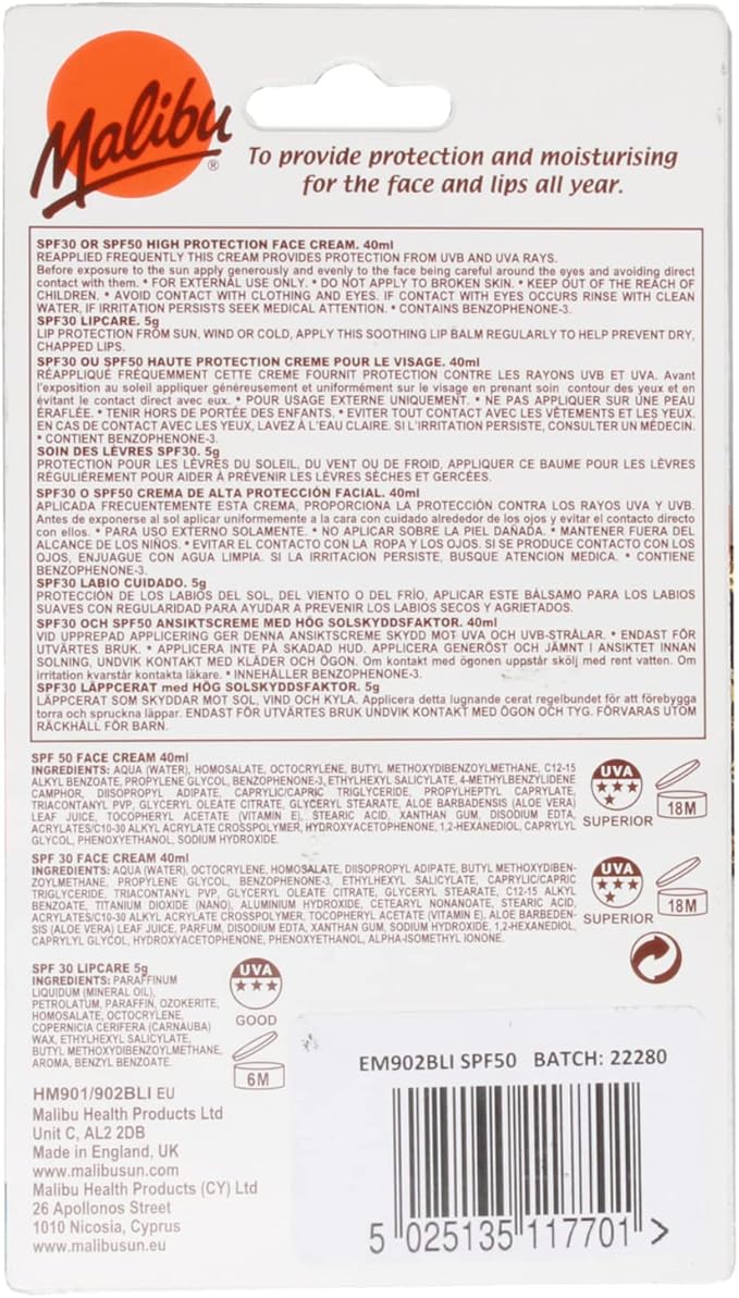 Malibu كريم وجه مالibu صن SPF 50 وبلسم شفاه SPF 30 ثنائي حماية عالية من الشمس مقاوم للماء غني بالفيتامينات عبوة 2 - Image 2