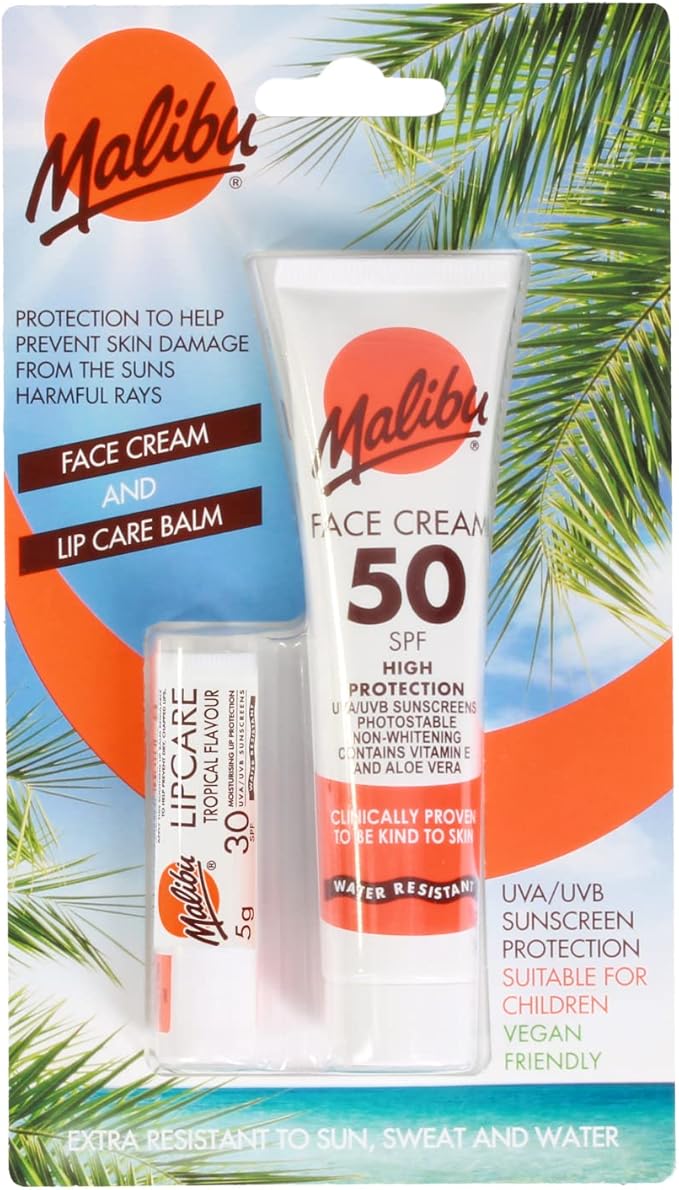 Malibu كريم وجه مالibu صن SPF 50 وبلسم شفاه SPF 30 ثنائي حماية عالية من الشمس مقاوم للماء غني بالفيتامينات عبوة 2 - Image 1