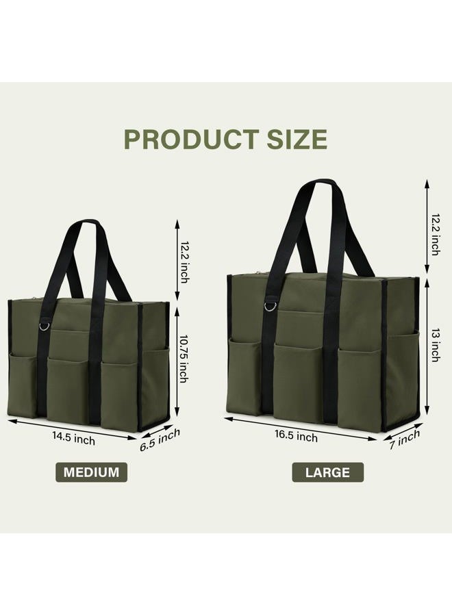 Becokan Large Tote Bag for Women Waterproof with 12 Pockets Top Zipper Closure Utility Teacher Nurse Bags for Work School, Army Green, Medium - Image 5