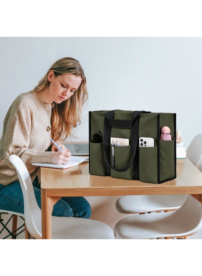 Becokan Large Tote Bag for Women Waterproof with 12 Pockets Top Zipper Closure Utility Teacher Nurse Bags for Work School, Army Green, Medium - Image 2