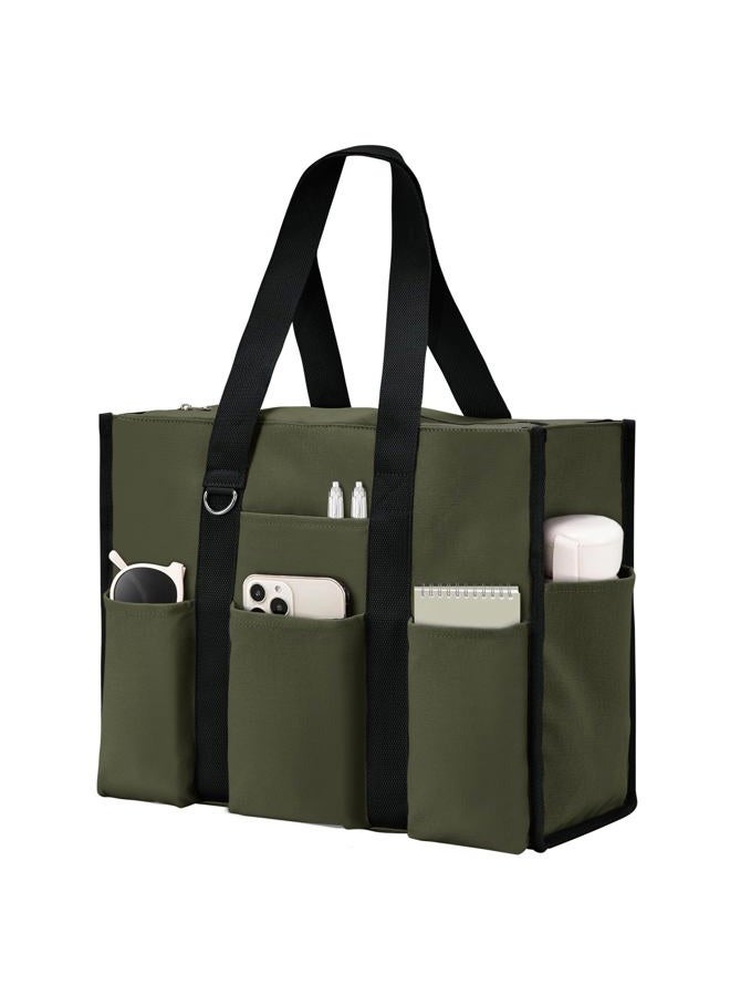Becokan Large Tote Bag for Women Waterproof with 12 Pockets Top Zipper Closure Utility Teacher Nurse Bags for Work School, Army Green, Medium - Image 1