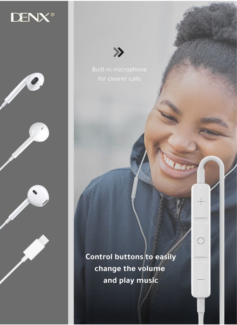 USB-C Wired Earbuds with Microphone & Volume Control, In-Ear Headphones  (White) – High-Quality Sound & Comfortable Fit.