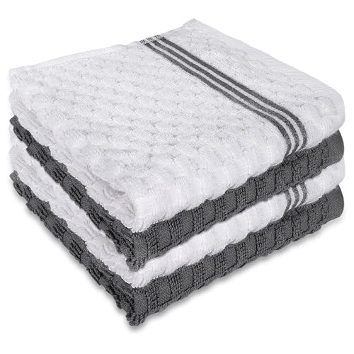 INFICRIME 4 Pack 100% Cotton Wash Cloth, 12x12 Inch Highly Absorbent and Soft Feel Fingertip Towels, Machine Washable Washcloths for Bathroom, Gym, Hotel, Spa and Kitchen, White/Grey - Image 1