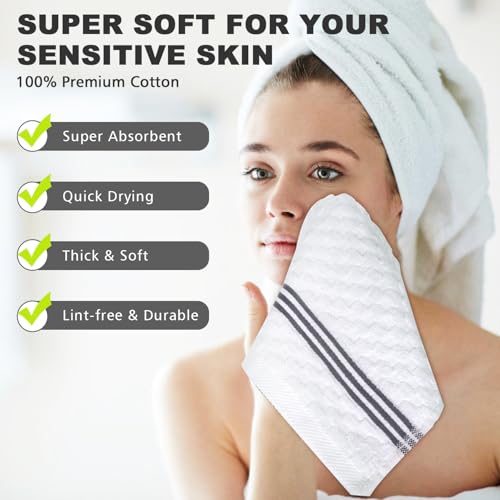 INFICRIME 4 Pack 100% Cotton Wash Cloth, 12x12 Inch Highly Absorbent and Soft Feel Fingertip Towels, Machine Washable Washcloths for Bathroom, Gym, Hotel, Spa and Kitchen, White/Grey - Image 3