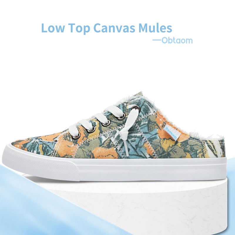Obtaom Women Canvas Mules Memory Foam Clipper Fashion Sneakers Comfortable Slip-On Mule Backless Holiday Shoes(Multi Green Yellow,US9) - Image 3