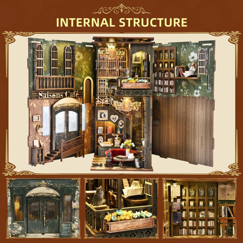 MiniCity Book Nook Kit, DIY Doll House Booknook, Miniature Kit for Bookshelf Doll Houses for Adults Teen Halloween, 3D Wooden Puzzle Bookends with Led Light and Dust Cover (Saisons CafÃ©) - Image 5