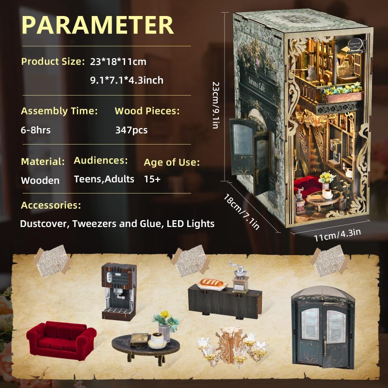 MiniCity Book Nook Kit, DIY Doll House Booknook, Miniature Kit for Bookshelf Doll Houses for Adults Teen Halloween, 3D Wooden Puzzle Bookends with Led Light and Dust Cover (Saisons CafÃ©) - Image 3